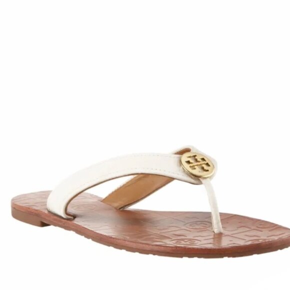 Tory Burch Thora Leather Flip Flops Sandals Neutral Mules Block Heel Slides Logo - Picture 1 of 15